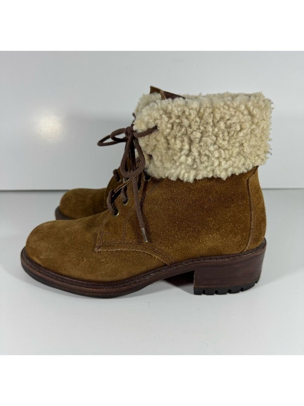 Cole Haan Country Chunky Suede Boots Womens 7.5 Tan Brown Lace Up Heeled Booties - Picture 6 of 12